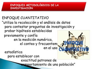 ENFOQUE CUANTITATIVO
“utiliza la recolección y el análisis de datos
para contestar preguntas de investigación y
probar hipótesis establecidas
previamente y confía
en la medición numérica,
el conteo y frecuentemente
en el uso de la
estadística
para establecer con
exactitud patrones de
comportamiento de una población”
ENFOQUES METODOLÒGICOS DE LA
INVESTIGACIÒN
 