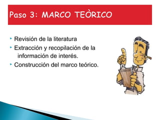  Revisión de la literatura
 Extracción y recopilación de la
información de interés.
 Construcción del marco teórico.
 