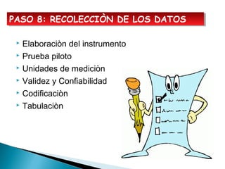  Elaboraciòn del instrumento
 Prueba piloto
 Unidades de mediciòn
 Validez y Confiabilidad
 Codificaciòn
 Tabulaciòn
PASO 8: RECOLECCIÒN DE LOS DATOSPASO 8: RECOLECCIÒN DE LOS DATOS
 