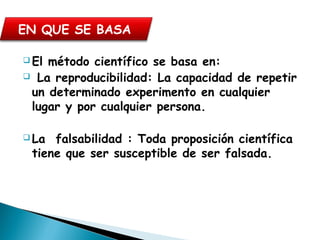  El método científico se basa en:
 La reproducibilidad: La capacidad de repetir
un determinado experimento en cualquier
lugar y por cualquier persona.
 La falsabilidad : Toda proposición científica
tiene que ser susceptible de ser falsada.
EN QUE SE BASA
 