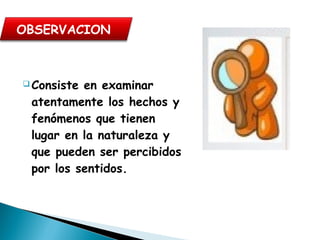  Consiste en examinar
atentamente los hechos y
fenómenos que tienen
lugar en la naturaleza y
que pueden ser percibidos
por los sentidos.
 
OBSERVACION
 