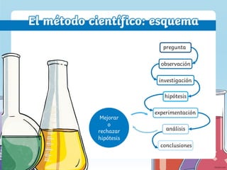 conclusiones
Mejorar
o
rechazar
hipótesis
análisis
experimentación
hipótesis
investigación
observación
pregunta
El método científico: esquema
 