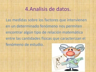 4.Analisis de datos. 
Las medidas sobre los factores que intervienen 
en un determinado fenómeno nos permiten 
encontrar algún tipo de relación matemática 
entre las cantidades físicas que caracterizan el 
fenómeno de estudio. 
 