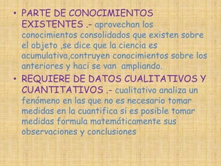 • PARTE DE CONOCIMIENTOS 
EXISTENTES .- aprovechan los 
conocimientos consolidados que existen sobre 
el objeto ,se dice que la ciencia es 
acumulativa,contruyen conocimientos sobre los 
anteriores y haci se van ampliando. 
• REQUIERE DE DATOS CUALITATIVOS Y 
CUANTITATIVOS .- cualitativo analiza un 
fenómeno en las que no es necesario tomar 
medidas en la cuantifica si es posible tomar 
medidas formula matemáticamente sus 
observaciones y conclusiones 
 