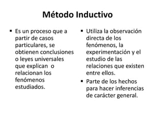 Método Inductivo
 Es un proceso que a      Utiliza la observación
  partir de casos           directa de los
  particulares, se          fenómenos, la
  obtienen conclusiones     experimentación y el
  o leyes universales       estudio de las
  que explican o            relaciones que existen
  relacionan los            entre ellos.
  fenómenos                Parte de los hechos
  estudiados.               para hacer inferencias
                            de carácter general.
 