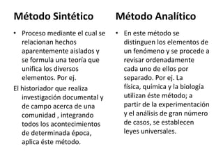 Método Sintético                Método Analítico
• Proceso mediante el cual se   • En este método se
   relacionan hechos              distinguen los elementos de
   aparentemente aislados y       un fenómeno y se procede a
   se formula una teoría que      revisar ordenadamente
   unifica los diversos           cada uno de ellos por
   elementos. Por ej.             separado. Por ej. La
El historiador que realiza        física, química y la biología
   investigación documental y     utilizan éste método; a
   de campo acerca de una         partir de la experimentación
   comunidad , integrando         y el análisis de gran número
   todos los acontecimientos      de casos, se establecen
   de determinada época,          leyes universales.
   aplica éste método.
 