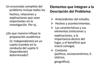 Un enunciado completo del      Elementos que integran a la
  problema incluye todos los   Descripción del Problema:
  hechos, relaciones y
  explicaciones que sean        Antecedentes del estudio.
  importantes en la
  investigación. Por ej.        Hechos y acontecimientos.
                                Las características y sus
                                 elementos (relaciones y
¿De que manera influye la
  preparación académica          explicaciones, y la
                                 importancia dentro del
  (V. Independiente) en un       lugar, y el beneficio que
  sujeto (cambio en la           traerá consigo).
  conducta del sujeto V.
  Dependiente)                  Contexto
  determinado?                   (político, socioeconómico, h
                                 istórico,
                                 geográfico).
 