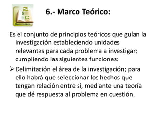 6.- Marco Teórico:

Es el conjunto de principios teóricos que guían la
  investigación estableciendo unidades
  relevantes para cada problema a investigar;
  cumpliendo las siguientes funciones:
Delimitación el área de la investigación; para
  ello habrá que seleccionar los hechos que
  tengan relación entre sí, mediante una teoría
  que dé respuesta al problema en cuestión.
 