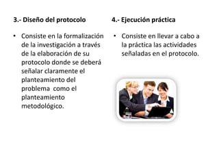 3.- Diseño del protocolo         4.- Ejecución práctica

• Consiste en la formalización   • Consiste en llevar a cabo a
  de la investigación a través     la práctica las actividades
  de la elaboración de su          señaladas en el protocolo.
  protocolo donde se deberá
  señalar claramente el
  planteamiento del
  problema como el
  planteamiento
  metodológico.
 