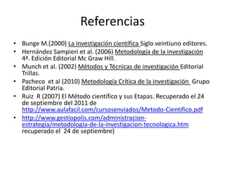 Referencias
• Bunge M.(2000) La investigación científica Siglo veintiuno editores.
• Hernández Sampieri et al. (2006) Metodología de la investigación
  4ª. Edición Editorial Mc Graw Hill.
• Munch et al. (2002) Métodos y Técnicas de investigación Editorial
  Trillas.
• Pacheco et al (2010) Metodología Crítica de la investigación Grupo
  Editorial Patria.
• Ruiz R (2007) El Método científico y sus Etapas. Recuperado el 24
  de septiembre del 2011 de
  http://www.aulafacil.com/cursosenviados/Metodo-Cientifico.pdf
• http://www.gestiopolis.com/administracion-
  estrategia/metodologia-de-la-investigacion-tecnologica.htm
  recuperado el 24 de septiembre)
 