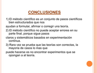 CONCLUSIONES
1) El método científico es un conjunto de pasos científicos
bien estructurados que nos
ayudan a formular, afirmar o corregir una teoría.
2) El método científico no puede aceptar errores en su
parte final, porque sigue pasos
claros y sistemáticos basados en experimentación
continua.
3) Rara vez se prueba que las teorías son correctas, la
mayoría de casos lo mas que
puede hacerse es no encontrar experimentos que se
opongan a al teoría.
 