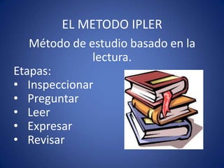 EL METODO IPLER
   Método de estudio basado en la
              lectura.
Etapas:
• Inspeccionar
• Preguntar
• Leer
• Expresar
• Revisar
 