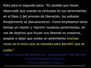 Nota para el segundo paso: “Es posible que hayas
observado que cuando te centraste en tus sentimientos
en el Paso 2 del proceso de liberación, los soltaste.
Simplemente se desvanecieron. Como empleamos tanto
tiempo en resistir y reprimir nuestros sentimientos, en
vez de dejarlos que fluyan con libertad en nosotros,
aceptar o dejar que exista un sentimiento muchas
veces es lo único que se necesita para permitir que se
suelte.”______________________________________________________________________________________________________________________________________________________________________
Todo el texto es de Hale Dwoskin, presentado por “Pilar del mar”
(¡Recomiendo altamente este proceso!)
El libro está disponible en Amazon:
http://www.amazon.com/Metodo-Sedona-Method-Bienestar-Well-Being/dp/8478084762/ref=pd_bxgy_b_img_a/104-4900894-2681517
 