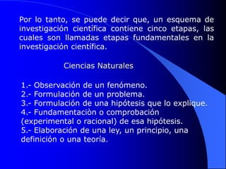 Por lo tanto, se puede decir que, un esquema de
investigación científica contiene cinco etapas, las
cuales son llamadas etapas fundamentales en la
investigación científica.

           Ciencias Naturales

1.- Observación de un fenómeno.
2.- Formulación de un problema.
3.- Formulación de una hipótesis que lo explique.
4.- Fundamentaciòn o comprobación
(experimental o racional) de esa hipótesis.
5.- Elaboración de una ley, un principio, una
definición o una teoría.
 