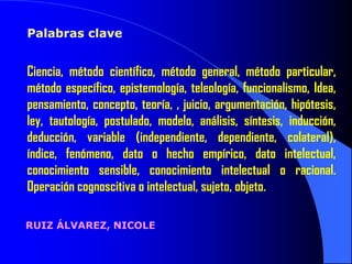 Palabras clave


Ciencia, método científico, método general, método particular,
método específico, epistemología, teleología, funcionalismo, Idea,
pensamiento, concepto, teoría, , juicio, argumentación, hipótesis,
ley, tautología, postulado, modelo, análisis, síntesis, inducción,
deducción, variable (independiente, dependiente, colateral),
índice, fenómeno, dato o hecho empírico, dato intelectual,
conocimiento sensible, conocimiento intelectual o racional.
Operación cognoscitiva o intelectual, sujeto, objeto.

RUIZ ÁLVAREZ, NICOLE
 