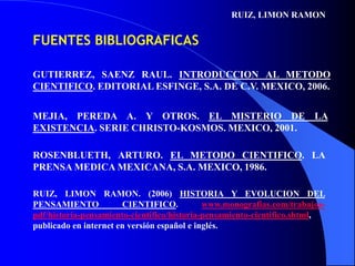 RUIZ, LIMON RAMON


FUENTES BIBLIOGRAFICAS

GUTIERREZ, SAENZ RAUL. INTRODUCCION AL METODO
CIENTIFICO. EDITORIAL ESFINGE, S.A. DE C.V. MEXICO, 2006.


MEJIA, PEREDA A. Y OTROS. EL MISTERIO DE LA
EXISTENCIA. SERIE CHRISTO-KOSMOS. MEXICO, 2001.

ROSENBLUETH, ARTURO. EL METODO CIENTIFICO. LA
PRENSA MEDICA MEXICANA, S.A. MEXICO, 1986.

RUIZ, LIMON RAMON. (2006) HISTORIA Y EVOLUCION DEL
PENSAMIENTO            CIENTIFICO.           www.monografias.com/trabajos-
pdf/historia-pensamiento-cientifico/historia-pensamiento-cientifico.shtml,
publicado en internet en versión español e inglés.
 
