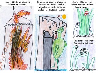 L’any 2012, un drac va   El drac va anar a atacar el     Marc i Héctor van
   atacar un castell.      castell de Marc, però a     lluitar moltes, moltes
                          vegades un amic anava a           hores, però...
                         visitar-lo, li deien Héctor




                                                          al final, es van
                                                         fer amics del drac.
 