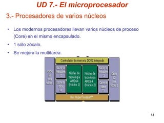 UD 7.- El microprocesador
3.- Procesadores de varios núcleos
• Los modernos procesadores llevan varios núcleos de proceso
  (Core) en el mismo encapsulado.
• 1 sólo zócalo.
• Se mejora la multitarea.




                                                               14
 