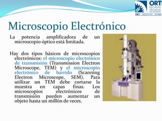 Microscopio ElectrónicoLa potencia amplificadora de un microscopio óptico está limitada. Hay dos tipos básicos de microscopios electrónicos: el microscopio electrónico de transmisión (TransmissionElectronMicroscope, TEM) y el microscopio electrónico de barrido (ScanningElectronMicroscope, SEM). Para utilizar un TEM debe cortarse la muestra en capas finas. Los microscopios electrónicos de transmisión pueden aumentar un objeto hasta un millón de veces.