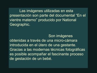 Las imágenes utilizadas en esta 
presentación son parte del documental “En el 
vientre materno” producido por National 
Geographic. 
Son imágenes 
obtenidas a través de una micro-cámara 
introducida en el útero de una gestante. 
Gracias a las modernas técnicas fotográficas 
es posible acompañar el fascinante proceso 
de gestación de un bebé. 
Ria slides 
