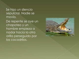 Se hizo un silencio
sepulcral. Nadie se
movía.
De repente se oye un
chapoteo y un
hombre empieza a
nadar hacia la otra
orilla perseguido por
los cocodrilos.
 