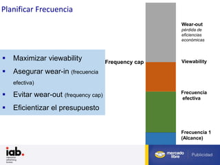  Maximizar viewability
 Asegurar wear-in (frecuencia
efectiva)
 Evitar wear-out (frequency cap)
 Eficientizar el presupuesto
Frecuencia
efectiva
Frequency cap
Frecuencia 1
(Alcance)
Viewability
Wear-out
pérdida de
eficiencias
económicas
Planificar Frecuencia
 