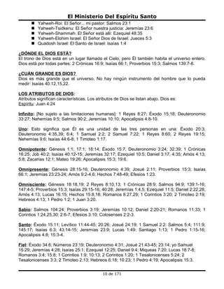 El Ministerio Del Espíritu Santo
         Yahweh-Roi: El Señor... mi pastor: Salmos 23:1
         Yahweh-Tsidkenu: El Señor nuestra justicia: Jeremías 23:6
         Yahweh-Shammah: El Señor está allí: Ezequiel 48:35
         Yahweh-Elohim Israel: El Señor Dios de Israel: Jueces 5:3
         Quadosh Israel: El Santo de Israel: Isaías 1:4

¿DÓNDE EL DIOS ESTÁ?
El trono de Dios está en un lugar llamado el Cielo, pero Él también habita el universo entero.
Dios está por todas partes: 2 Crónicas 16:9; Isaías 66:1; Proverbios 15:3; Salmos 139:7-8.

¿CUÁN GRANDE ES DIOS?
Dios es más grande que el universo. No hay ningún instrumento del hombre que lo pueda
medir: Isaías 40:12,15,22.

LOS ATRIBUTOS DE DIOS:
Atributos significan características. Los atributos de Dios se listan abajo. Dios es:
Espíritu: Juan 4:24

Infinito: [No sujeto a las limitaciones humanas]: 1 Reyes 8:27; Éxodo 15:18; Deuteronomio
33:27; Nehemías 9:5; Salmos 90:2; Jeremías 10:10; Apocalipsis 4:8-10.

Uno: Esto significa que Él es una unidad de las tres personas en una: Éxodo 20:3;
Deuteronomio 4:35,39; 6:4; 1 Samuel 2:2; 2 Samuel 7:22; 1 Reyes 8:60; 2 Reyes 19:15;
Nehemías 9:6; Isaías 44:6-8; 1 Timoteo 1:17.

Omnipotente: Génesis 1:1; 17:1; 18:14; Éxodo 15:7; Deuteronomio 3:24; 32:39; 1 Crónicas
16:25; Job 40:2; Isaías 40:12-15; Jeremías 32:17; Ezequiel 10:5; Daniel 3:17; 4:35; Amós 4:13;
5:8; Zacarías 12:1; Mateo 19:26; Apocalipsis 15:3; 19:6.

Omnipresente: Génesis 28:15-16; Deuteronomio 4:39; Josué 2:11; Proverbios 15:3; Isaías
66:1; Jeremías 23:23-24; Amós 9:2-4,6; Hechos 7:48-49; Efesios 1:23.

Omnisciente: Génesis 18:18,19; 2 Reyes 8:10,13; 1 Crónicas 28:9; Salmos 94:9; 139:1-16;
147:4-5; Proverbios 15:3; Isaías 29:15-16; 40:28; Jeremías 1:4,5; Ezequiel 11:5; Daniel 2:22,28;
Amós 4:13; Lucas 16:15; Hechos 15:8,18; Romanos 8:27,29; 1 Corintios 3:20; 2 Timoteo 2:19;
Hebreos 4:13; 1 Pedro 1:2; 1 Juan 3:20.

Sabio: Salmos 104:24; Proverbios 3:19; Jeremías 10:12; Daniel 2:20-21; Romanos 11:33; 1
Corintios 1:24,25,30; 2:6-7; Efesios 3:10; Colosenses 2:2-3.

Santo: Éxodo 15:11; Levítico 11:44-45; 20:26; Josué 24:19; 1 Samuel 2:2: Salmos 5:4; 111:9;
145:17; Isaías 6:3; 43:14-15; Jeremías 23:9; Lucas 1:49; Santiago 1:13; 1 Pedro 1:15-16;
Apocalipsis 4:8; 15:3-4.

Fiel: Éxodo 34:6; Números 23:19; Deuteronomio 4:31; Josué 21:43-45; 23:14; yo Samuel
15:29; Jeremías 4:28; Isaías 25:1; Ezequiel 12:25; Daniel 9:4; Miqueas 7:20; Lucas 18:7-8;
Romanos 3:4; 15:8; 1 Corintios 1:9; 10:13; 2 Corintios 1:20; 1 Tesalonicenses 5:24; 2
Tesalonicenses 3:3; 2 Timoteo 2:13; Hebreos 6:18; 10:23; 1 Pedro 4:19; Apocalipsis 15:3.


                                             10 de 171
 