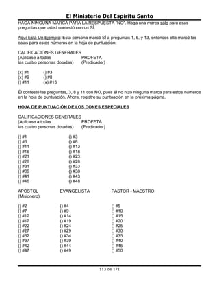 El Ministerio Del Espíritu Santo
HAGA NINGUNA MARCA PARA LA RESPUESTA “NO”. Haga una marca sólo para esas
preguntas que usted contestó con un SÍ.

Aquí Está Un Ejemplo: Esta persona marcó SÍ a preguntas 1, 6, y 13, entonces ella marcó las
cajas para estos números en la hoja de puntuación:

CALIFICACIONES GENERALES
(Aplicase a todas            PROFETA
las cuatro personas dotadas) (Predicador)

(x) #1        () #3
(x) #6        () #8
() #11        (x) #13

Él contestó las preguntas, 3, 8 y 11 con NO, pues él no hizo ninguna marca para estos números
en la hoja de puntuación. Ahora, registre su puntuación en la próxima página.

HOJA DE PUNTUACIÓN DE LOS DONES ESPECIALES

CALIFICACIONES GENERALES
(Aplicase a todas            PROFETA
las cuatro personas dotadas) (Predicador)

() #1                       () #3
() #6                       () #8
() #11                      () #13
() #16                      () #18
() #21                      () #23
() #26                      () #28
() #31                      () #33
() #36                      () #38
() #41                      () #43
() #46                      () #48

APÓSTOL                 EVANGELISTA            PASTOR - MAESTRO
(Misionero)

() #2                   () #4                  () #5
() #7                   () #9                  () #10
() #12                  () #14                 () #15
() #17                  () #19                 () #20
() #22                  () #24                 () #25
() #27                  () #29                 () #30
() #32                  () #34                 () #35
() #37                  () #39                 () #40
() #42                  () #44                 () #45
() #47                  () #49                 () #50



                                         113 de 171
 