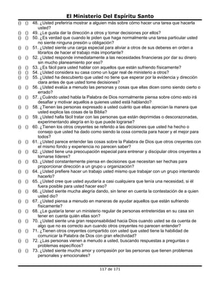 El Ministerio Del Espíritu Santo
()   ()   48. ¿Usted preferiría mostrar a alguien más sobre cómo hacer una tarea que hacerla
            usted?
()   ()   49. ¿Le gusta dar la dirección a otros y tomar decisiones por ellos?
()   ()   50. ¿Es verdad que cuando le piden que haga normalmente una tarea particular usted
            no siente ninguna presión u obligación?
()   ()   51. ¿Usted siente una carga especial para aliviar a otros de sus deberes en orden a
            librarlos de hacer el trabajo más importante?
()   ()   52. ¿Usted responde inmediatamente a las necesidades financieras por dar su dinero
            sin mucho planeamiento por eso?
()   ()   53. ¿Es fácil para usted hablar con aquellos que están sufriendo físicamente?
()   ()   54. ¿Usted considera su casa como un lugar real de ministerio a otros?
()   ()   55. ¿Usted ha descubierto que usted no tiene que esperar por la evidencia y dirección
            clara antes de que usted tome decisiones?
()   ()   56. ¿Usted evalúa a menudo las personas y cosas que ellas dicen como siendo cierto o
            errado?
()   ()   57. ¿Cuándo usted habla la Palabra de Dios normalmente piensa sobre cómo esto irá
            desafiar y motivar aquellos a quienes usted está hablando?
()   ()   58. ¿Tienen las personas expresado a usted cuánto que ellas aprecian la manera que
            usted explica las cosas de la Biblia?
()   ()   59. ¿Usted halla fácil tratar con las personas que están deprimidas o descorazonadas,
            experimentando alegría en lo que puede lograrse?
()   ()   60. ¿Tienen los otros creyentes se referido a las decisiones que usted ha hecho o
            consejo que usted ha dado como siendo la cosa correcta para hacer y el mejor para
            todos?
()   ()   61. ¿Usted parece entender las cosas sobre la Palabra de Dios que otros creyentes con
            el mismo fondo y experiencia no parecen saber?
()   ()   62. ¿Usted tiene una preocupación especial para entrenar y discipular otros creyentes a
            tornarse líderes?
()   ()   63. ¿Usted constantemente piensa en decisiones que necesitan ser hechas para
            proporcionar dirección a un grupo u organización?
()   ()   64. ¿Usted prefiere hacer un trabajo usted mismo que trabajar con un grupo intentando
            hacerlo?
()   ()   65. ¿Usted cree que usted ayudaría a casi cualquiera que tenía una necesidad, si él
            fuera posible para usted hacer eso?
()   ()   66. ¿Usted siente mucha alegría dando, sin tener en cuenta la contestación de a quien
            usted dio?
()   ()   67. ¿Usted piensa a menudo en maneras de ayudar aquellos que están sufriendo
            físicamente?
()   ()   68. ¿Le gustaría tener un ministerio regular de personas entretenidas en su casa sin
            tener en cuenta quién ellas son?
()   ()   70. ¿Usted siente una gran responsabilidad hacia Dios cuando usted se da cuenta de
            algo que no es correcto aun cuando otros creyentes no parecen entender?
()   ()   71. ¿Tienen otros creyentes compartido con usted que usted tiene la habilidad de
            comunicar la Palabra de Dios con gran efectividad?
()   ()   72. ¿Las personas vienen a menudo a usted, buscando respuestas a preguntas o
            problemas específicos?
()   ()   73. ¿Usted siente mucho amor y compasión por las personas que tienen problemas
            personales y emocionales?


                                            117 de 171
 