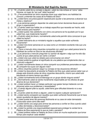 El Ministerio Del Espíritu Santo
()   ()   74. ¿Cuándo usted da su consejo a alguien, usted da más énfasis al “cómo” debe
            hacerse, en lugar de “por qué” debe hacerse?
()   ()   75. ¿Frecuentemente los otros creyentes dicen que usted tiene una habilidad de
            conocer y entender las cosas de la Palabra de Dios?
()   ()   76. ¿Usted tiene una preocupación especial para ayudar a las personas a alcanzar sus
            metas y objetivos?
()   ()   77. ¿Las personas parecen depender de usted para tomar decisiones llaves para el
            grupo o organización?
()   ()   78. ¿Cuándo usted oye hablar de un trabajo específico que necesita ser hecho, está
            usted ansioso para hacerlo?
()   ()   79. ¿Usted queda más satisfecho con cómo una persona se ha ayudado por lo que
            usted hizo, que implemente hacerlo?
()   ()   80. ¿Cuándo usted da dinero, normalmente usted evita permitir otros conozcan lo que
            usted ha hecho?
()   ()   81. ¿Usted disfrutaría de un ministerio regular a aquellos que están sufriendo
            físicamente?
()   ()   82. ¿Usted mira tener personas en su casa como un ministerio excitante más que una
            obligación?
()   ()   83. ¿Tiene a menudo otros creyentes compartido con usted que usted parece tener la
            habilidad de confiar en Dios en las situaciones difíciles?
()   ()   84. ¿Las personas a menudo preguntan su opinión de alguien o algo que ha sido dijo
            cuanto al que usted piensa ser cierto o errado?
()   ()   85. ¿Usted cree que usted es dotado para comunicarse con otros?
()   ()   86. ¿Usted preferiría explicar el significado de una palabra que simplemente citar un
            versículo a alguien?
()   ()   87. ¿Usted normalmente desea oír otros compartir sus problemas personales en lugar
            de compartir los suyos con alguien más?
()   ()   88. ¿Otros creyentes parecen seguir su consejo en las situaciones difíciles?
()   ()   89. ¿Usted ha descubierto al estudiar la Palabra de Dios que usted parece saber que un
            pasaje está diciendo antes de otros creyentes descubrirlo, mismo que usted esté
            estudiando al mismo tiempo que ellos?
()   ()   90. ¿Usted normalmente toma el liderazgo en un grupo dónde ninguno existe?
()   ()   91. ¿Normalmente usted se siente moralmente responsable por los efectos de gran
            alcance de sus decisiones?
()   ()   92. ¿Usted prefiere hacer un trabajo particular que gastar tiempo hablando con las
            personas sobre sus problemas y necesidades?
()   ()   93. ¿Cuándo alguien pide su ayuda, usted tiene gran dificultad diciendo no a esa
            persona?
()   ()   94. ¿Cuando usted da dinero a alguien, usted no espera cualquier apreciación?
()   ()   95. ¿Usted siente compasión por aquellos que están sufriendo físicamente que le hace
            querer ayudarlos de alguna manera?
()   ()   96. ¿Usted puede tener las personas fácilmente en su casa sin estar demasiado
            involucrado sobre cómo ella esté?
()   ()   97. ¿Usted siente una carga para animar las personas a confiar en Dios cuando usted
            ve ellas derrotadas y descorazonadas?
()   ()   98. ¿Usted ha sentido una responsabilidad especial para proteger la verdad de la
            Palabra de Dios exponiendo lo que es malo y pecador?
()   ()   99. ¿Usted prefiere hablar la Palabra de Dios a otros sin mucha explicación que tomar
            tiempo para explicar cada detalle?
                                            118 de 171
 