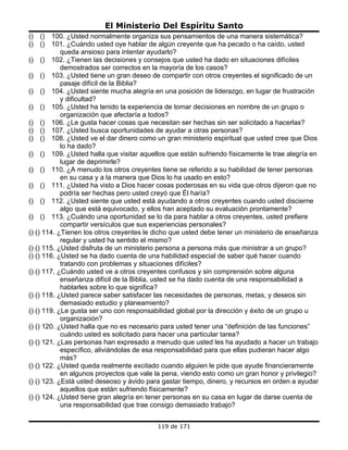 El Ministerio Del Espíritu Santo
()   ()  100. ¿Usted normalmente organiza sus pensamientos de una manera sistemática?
()   ()  101. ¿Cuándo usted oye hablar de algún creyente que ha pecado o ha caído, usted
            queda ansioso para intentar ayudarlo?
() () 102. ¿Tienen las decisiones y consejos que usted ha dado en situaciones difíciles
            demostrados ser correctos en la mayoría de los casos?
() () 103. ¿Usted tiene un gran deseo de compartir con otros creyentes el significado de un
            pasaje difícil de la Biblia?
() () 104. ¿Usted siente mucha alegría en una posición de liderazgo, en lugar de frustración
            y dificultad?
() () 105. ¿Usted ha tenido la experiencia de tomar decisiones en nombre de un grupo o
            organización que afectaría a todos?
() () 106. ¿Le gusta hacer cosas que necesitan ser hechas sin ser solicitado a hacerlas?
() () 107. ¿Usted busca oportunidades de ayudar a otras personas?
() () 108. ¿Usted ve el dar dinero como un gran ministerio espiritual que usted cree que Dios
            lo ha dado?
() () 109. ¿Usted halla que visitar aquellos que están sufriendo físicamente le trae alegría en
            lugar de deprimirle?
() () 110. ¿A menudo los otros creyentes tiene se referido a su habilidad de tener personas
            en su casa y a la manera que Dios lo ha usado en esto?
() () 111. ¿Usted ha visto a Dios hacer cosas poderosas en su vida que otros dijeron que no
            podría ser hechas pero usted creyó que Él haría?
() () 112. ¿Usted siente que usted está ayudando a otros creyentes cuando usted discierne
            algo que está equivocado, y ellos han aceptado su evaluación prontamente?
() () 113. ¿Cuándo una oportunidad se lo da para hablar a otros creyentes, usted prefiere
            compartir versículos que sus experiencias personales?
() () 114. ¿Tienen los otros creyentes le dicho que usted debe tener un ministerio de enseñanza
            regular y usted ha sentido el mismo?
() () 115. ¿Usted disfruta de un ministerio persona a persona más que ministrar a un grupo?
() () 116. ¿Usted se ha dado cuenta de una habilidad especial de saber qué hacer cuando
            tratando con problemas y situaciones difíciles?
() () 117. ¿Cuándo usted ve a otros creyentes confusos y sin comprensión sobre alguna
            enseñanza difícil de la Biblia, usted se ha dado cuenta de una responsabilidad a
            hablarles sobre lo que significa?
() () 118. ¿Usted parece saber satisfacer las necesidades de personas, metas, y deseos sin
            demasiado estudio y planeamiento?
() () 119. ¿Le gusta ser uno con responsabilidad global por la dirección y éxito de un grupo u
            organización?
() () 120. ¿Usted halla que no es necesario para usted tener una “definición de las funciones”
            cuándo usted es solicitado para hacer una particular tarea?
() () 121. ¿Las personas han expresado a menudo que usted les ha ayudado a hacer un trabajo
            específico, aliviándolas de esa responsabilidad para que ellas pudieran hacer algo
            más?
() () 122. ¿Usted queda realmente excitado cuando alguien le pide que ayude financieramente
            en algunos proyectos que vale la pena, viendo esto como un gran honor y privilegio?
() () 123. ¿Está usted deseoso y ávido para gastar tiempo, dinero, y recursos en orden a ayudar
            aquellos que están sufriendo físicamente?
() () 124. ¿Usted tiene gran alegría en tener personas en su casa en lugar de darse cuenta de
            una responsabilidad que trae consigo demasiado trabajo?


                                          119 de 171
 