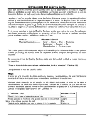 El Ministerio Del Espíritu Santo
  Éstas son calidades internas que el Espíritu Santo quiere desarrollar en la vida del creyente.
  Ellas son calidades que son como las calidades espirituales que eran evidentes en la vida de
  Jesucristo. Esto es por qué nosotros las llamamos las calidades como de Cristo.

  La palabra “fruto” es singular. No es plural [los frutos]. Recuerde que os dones del espiritual son
  muchos y son divididos entre los creyentes según a voluntad del Espíritu Santo. El fruto es
  singular. Puede entenderse por el ejemplo natural de las uvas. Un racimo de uvas tiene varias
  uvas individuales en él, pero es un racimo. En el mundo natural cuando se cogen las uvas de la
  vid, ellas se cogen en un racimo. Este racimo de varias uvas se llama “fruto” [singular] de la vid.

  En el mundo espiritual el fruto del Espíritu Santo es similar a un racimo de uvas. Son calidades
  espirituales separadas unidas juntas en un racimo o fruto. Este fruto es la madurez espiritual
  que se revela en muchas calidades como las de Cristo.

                 Un Fruto....................... Madurez Espiritual
                 Muchas Cualidades.........       Amor - Gozo - Paz - Paciencia
                                                  Benignidad - Bondad - Fe
                                                  Mansedumbre - Dominio propio

  Dios quiere que todos los creyentes tengan el fruto del Espíritu. Diferente de los dones que son
  plurales [muchos] y es dividido entre los creyentes, el fruto [singular] será poseído por cada
  creyente.

  Se encuentra el fruto del Espíritu Santo en cada acto de bondad, rectitud, y verdad hecho por
  los creyentes:

  “Pues el fruto de la luz consiste en toda bondad, justicia y verdad” (Efesios 5:9).

  Lo siguiente es el fruto del Espíritu Santo:

  AMOR
  El amor es una emoción de afecto profundo, cuidado, y preocupación. Es una incondicional
  entrega de sí mismo a otros sin tener en cuenta su condición o circunstancias.

  Mientras usted aprendió en su estudio de los dones espirituales, el amor es la llave al
  funcionamiento de todos los dones espirituales. También es la calidad de que todo el fruto
  espiritual desarrolla. Esto se revela cuando usted compara el pasaje en el fruto del Espíritu en
  Gálatas con el pasaje sobre el amor en 1 Corintios 13:

   1 Corintios 13:1-7                                                 Gálatas 5:22-23
   No es indecoroso, ni busca lo suyo propio                          Amor
   No se goza de la injusticia, sino que se regocija con la verdad.   Alegría
No se irrita, ni lleva cuentas del mal.                               Paz
   Todo lo sufre, todo lo cree, todo lo espera, todo lo soporta.      Paciencia




                                                 125 de 171
 