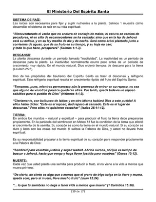 El Ministerio Del Espíritu Santo

SISTEMA DE RAÍZ:
Las raíces son necesarias para fijar y suplir nutrientes a la planta. Salmos 1 muestra cómo
desarrollar el sistema de raíz en su vida espiritual:

"Bienaventurado el varón que no anduvo en consejo de malos, ni estuvo en camino de
pecadores, ni en silla de escarnecedores se ha sentado; sino que en la ley de Jehová
está su delicia, y en su ley medita de día y de noche. Será como árbol plantado junto a
corrientes de aguas, que da su fruto en su tiempo, y su hoja no cae;
y todo lo que hace, prosperará" (Salmos 1:1-3).

DESCANSO:
La planta descansa durante un período llamado "inactividad". La inactividad es un período de
descanso para la planta. La inactividad normalmente ocurre poco antes de un período de
crecimiento muy rápido. En el mundo natural, Dios ordenó tiempos de descano para la tierra
(Levítico 25:5).

Uno de los propósitos del bautismo del Espíritu Santo es traer el descanso y refrigerio
espiritual. Éste refrigerio espiritual resulta en crecimiento rápido del fruto del Espíritu Santo:

“Temamos, pues, mientras permanezca aún la promesa de entrar en su reposo, no sea
que alguno de vosotros parezca quedarse atrás. Por tanto, queda todavía un reposo
sabático para el pueblo de Dios” (Hebreos 4:1,9).

“Ciertamente, con balbuceo de labios y en otro idioma hablará Dios a este pueblo! A
ellos había dicho: "Este es el reposo; dad reposo al cansado. Este es el lugar de
descanso." Pero ellos no quisieron escuchar” (Isaías 28:11-12).

TIERRA:
En ambos los mundos – natural y espiritual – para producir el fruto la tierra debe prepararse
propiamente. En la parábola del sembrador en Mateo 13 fue la condición de la tierra que afectó
el crecimiento de la semilla. Su corazón es como la tierra en el mundo natural. Si su corazón es
duro y lleno con las cosas del mundo él sufoca la Palabra de Dios, y usted no llevará fruto
espiritual.

Es su responsabilidad preparar a la tierra espiritual de su corazón para responder propiamente
a la Palabra de Dios:

“Sembrad para vosotros justicia y segad lealtad. Abríos surcos, porque es tiempo de
buscar a Jehová, hasta que venga y haga llover justicia para vosotros” (Oseas 10:12).

MUERTE:
Cada vez que usted planta una semilla para producir el fruto, él no viene a la vida a menos que
muera primero:

“De cierto, de cierto os digo que a menos que el grano de trigo caiga en la tierra y muera,
queda solo; pero si muere, lleva mucho fruto” (Juan 12:24).

“... lo que tú siembras no llega a tener vida a menos que muera” (1 Corintios 15:36).
                                           159 de 171
 