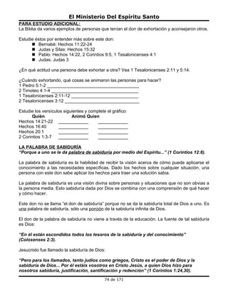 El Ministerio Del Espíritu Santo
PARA ESTUDIO ADICIONAL:
La Biblia da varios ejemplos de personas que tenían el don de exhortación y aconsejaron otros.

Estudie éstos por entender más sobre este don:
       Bernabé: Hechos 11:22-24
       Judas y Silas: Hechos 15:32
       Pablo: Hechos 14:22, 2 Corintios 9:5, 1 Tesalonicenses 4:1
       Judas: Judas 3

¿En qué actitud una persona debe exhortar a otra? Vea 1 Tesalonicenses 2:11 y 5:14.

¿Cuándo exhortando, qué cosas se animaron las personas para hacer?
1 Pedro 5:1-2 _____________________________________
2 Timoteo 4:1-4 ___________________________________
1 Tesalonicenses 2:11-12 ___________________________
2 Tesalonicenses 3:12 ______________________________

Estudie los versículos siguientes y complete el gráfico:
       Quién               Animó Quien
Hechos 14:21-22 ____________            ____________
Hechos 16:40        ____________        ____________
Hechos 20:1         ____________        ____________
2 Corintios 1:3-7   ____________        ____________

LA PALABRA DE SABIDURÍA
“Porque a uno se le da palabra de sabiduría por medio del Espíritu...” (1 Corintios 12:8).

La palabra de sabiduría es la habilidad de recibir la visión acerca de cómo puede aplicarse el
conocimiento a las necesidades específicas. Dado los hechos sobre cualquier situación, una
persona con este don sabe aplicar los hechos para traer una solución sabia.

La palabra de sabiduría es una visión divina sobre personas y situaciones que no son obvias a
la persona media. Esto sabiduría dada por Dios se combina con una comprensión de qué hacer
y cómo hacer.

Este don no se llama “el don de sabiduría” porque no se da la sabiduría total de Dios a uno. Es
una palabra de sabiduría, sólo una porción de la sabiduría infinita de Dios.

El don de la palabra de sabiduría no viene a través de la educación. La fuente de tal sabiduría
es Dios:

“En él están escondidos todos los tesoros de la sabiduría y del conocimiento”
(Colosenses 2:3).

Jesucristo fue llamado la sabiduría de Dios:

“Pero para los llamados, tanto judíos como griegos, Cristo es el poder de Dios y la
sabiduría de Dios... Por él estáis vosotros en Cristo Jesús, a quien Dios hizo para
nosotros sabiduría, justificación, santificación y redención” (1 Corintios 1:24,30).
                                            74 de 171
 