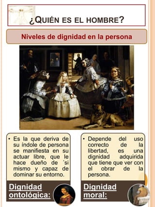 ¿Quién es el hombre?Fundamentación última de la dignidadLa dignidad de la persona en último termino se asienta en Dios. Pues el hombre gracia a la Revelación es llamado: “Imago Dei” (Es imagen y semejanza de Dios).DIOS“El Absoluto”Imago Dei: “Absoluto relativo”HombreDerechos & DeberesDIGNIDADHombre: Absoluto RelativoDIOS ABSOLUTO