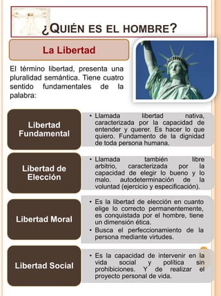 ¿Quién es el hombre?La LibertadEs la capacidad de decidirse, autodeterminarse en la consecución del bien.García C., delimita la libertad en el plano del obrar como autorrealización.Yepes S.: Ser libre se identifica con “hacer lo que quiero”.Libertad: es la propiedad de la voluntad en virtud de la cual el sujeto se autodetermina hacia algo que la inteligencia le presenta como bueno