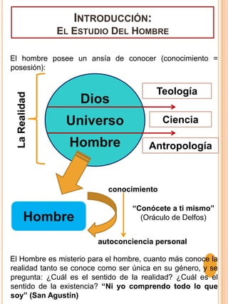 Introducción: El Estudio Del HombreEl hombre posee un ansía de conocer (conocimiento = posesión):El Hombre es misterio para el hombre, cuanto más conoce la realidad tanto se conoce como ser única en su género, y se pregunta: ¿Cuál es el sentido de la realidad? ¿Cuál es el sentido de la existencia? “Ni yo comprendo todo lo que soy” (San Agustín)DiosUniversoHombreLa RealidadTeologíaCienciaAntropologíaconocimientoHombre“Conócete a ti mismo” (Oráculo de Delfos)autoconciencia personal