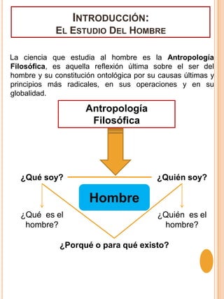 Introducción: El Estudio Del HombreLa ciencia que estudia al hombre es la Antropología Filosófica, es aquella reflexión última sobre el ser del hombre y su constitución ontológica por su causas últimas y principios más radicales, en sus operaciones y en su globalidad.AntropologíaFilosófica¿Quién soy?¿Qué soy?Hombre¿Qué  es el hombre?¿Quién  es el hombre?¿Porqué o para qué existo?
