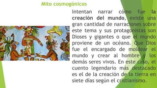 Mito cosmogónicos
Intentan narrar cómo fue la
creación del mundo, existe una
gran cantidad de narraciones sobre
este tema y sus protagonistas son
Dioses y gigantes o que el mundo
proviene de un océano. Que Dios
fue el encargado de moldear el
mundo y crear al hombre y los
demás seres vivos. En este caso, el
cuento legendario más destacado
es el de la creación de la tierra en
siete días según el cristianismo.
 
