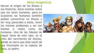 Mitos teogónicos
Narran el origen de los Dioses y
sus historias, éstos existían antes
que los seres humanos, pero en
ocasiones los humanos también
podían convertirse en Dioses y
ser muy parecidos a éstos, tener
los mismos problemas y ser tan
buenos o malos como los
humanos. Una de las fabulas de
mayor fama de este tipo, es el
mito del nacimiento de Atenas,
donde se narra que ésta nació de
una hinchazón en la cabeza de
Zeus, su padre.
 