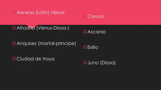 Aeneas (Latín) Héroe
Afrodita (Venus-Diosa-)
Anquises (mortal-principe)
Ciudad de troya
Creusa
Ascanio
Exilio
Juno (Diosa)