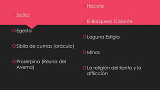 Sicilia
Egesta
Sibila de cumas (oráculo)
Proserpina (Reyna del
Averno)
Hécate
El Barquero Caronte
Laguna Estigia
Minos
La religión del llanto y la
afflicción
 
