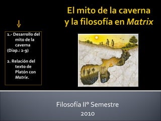 Filosofía II° Semestre 2010 ¿Qué Veremos Hoy? 1.- Desarrollo del mito de la caverna  (Diap.: 2-9) 2. Relación del texto de Platón con  Matrix . 