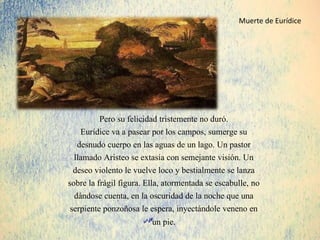 Pero su felicidad tristemente no duró.
Eurídice va a pasear por los campos, sumerge su
desnudo cuerpo en las aguas de un lago. Un pastor
llamado Aristeo se extasía con semejante visión. Un
deseo violento le vuelve loco y bestialmente se lanza
sobre la frágil figura. Ella, atormentada se escabulle, no
dándose cuenta, en la oscuridad de la noche que una
serpiente ponzoñosa le espera, inyectándole veneno en
un pie.
Muerte de Eurídice
 
