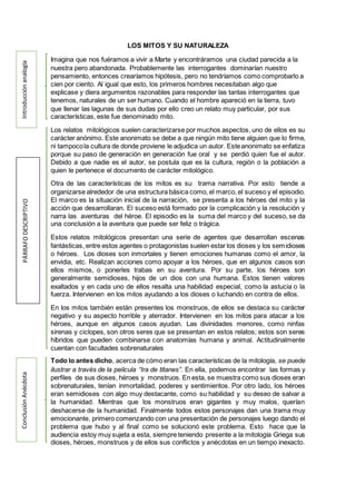 LOS MITOS Y SU NATURALEZA
Imagina que nos fuéramos a vivir a Marte y encontráramos una ciudad parecida a la
nuestra pero abandonada. Probablemente las interrogantes dominarían nuestro
pensamiento, entonces crearíamos hipótesis, pero no tendríamos como comprobarlo a
cien por ciento. Al igual que esto, los primeros hombres necesitaban algo que
explicase y diera argumentos razonables para responder las tantas interrogantes que
tenemos, naturales de un ser humano. Cuando el hombre apareció en la tierra, tuvo
que llenar las lagunas de sus dudas por ello creo un relato muy particular, por sus
características, este fue denominado mito.
Los relatos mitológicos suelen caracterizarse por muchos aspectos, uno de ellos es su
carácter anónimo. Este anonimato se debe a que ningún mito tiene alguien que lo firme,
ni tampocola cultura de donde proviene le adjudica un autor. Esteanonimato se enfatiza
porque su paso de generación en generación fue oral y se perdió quien fue el autor.
Debido a que nadie es el autor, se postula que es la cultura, región o la población a
quien le pertenece el documento de carácter mitológico.
Otra de las características de los mitos es su trama narrativa. Por esto tiende a
organizarse alrededor de una estructura básica como, el marco, el suceso y el episodio.
El marco es la situación inicial de la narración, se presenta a los héroes del mito y la
acción que desarrollaran. El suceso está formado por la complicación y la resolución y
narra las aventuras del héroe. El episodio es la suma del marco y del suceso, se da
una conclusión a la aventura que puede ser feliz o trágica.
Estos relatos mitológicos presentan una serie de agentes que desarrollan escenas
fantásticas, entre estos agentes o protagonistas suelen estar los dioses y los semidioses
o héroes. Los dioses son inmortales y tienen emociones humanas como el amor, la
envidia, etc. Realizan acciones como apoyar a los héroes, que en algunos casos son
ellos mismos, o ponerles trabas en su aventura. Por su parte, los héroes son
generalmente semidioses, hijos de un dios con una humana. Estos tienen valores
exaltados y en cada uno de ellos resalta una habilidad especial, como la astucia o la
fuerza. Intervienen en los mitos ayudando a los dioses o luchando en contra de ellos.
En los mitos también están presentes los monstruos, de ellos se destaca su carácter
negativo y su aspecto horrible y aterrador. Intervienen en los mitos para atacar a los
héroes, aunque en algunos casos ayudan. Las divinidades menores, como ninfas
sirenas y ciclopes, son otros seres que se presentan en estos relatos; estos son seres
híbridos que pueden combinarse con anatomías humana y animal. Actitudinalmente
cuentan con facultades sobrenaturales
Todo lo antes dicho, acerca de cómo eran las características de la mitología, se puede
ilustrar a través de la película “Ira de titanes”. En ella, podemos encontrar las formas y
perfiles de sus dioses, héroes y monstruos. En esta, se muestra como sus dioses eran
sobrenaturales, tenían inmortalidad, poderes y sentimientos. Por otro lado, los héroes
eran semidioses con algo muy destacante, como su habilidad y su deseo de salvar a
la humanidad. Mientras que los monstruos eran gigantes y muy malos, querían
deshacerse de la humanidad. Finalmente todos estos personajes dan una trama muy
emocionante, primero comenzando con una presentación de personajes luego dando el
problema que hubo y al final como se solucionó este problema. Esto hace que la
audiencia estoy muy sujeta a esta, siempre teniendo presente a la mitología Griega sus
dioses, héroes, monstruos y de ellos sus conflictos y anécdotas en un tiempo inexacto.
ConclusiónAnécdotaIntroducciónanalogíaPÁRRAFODESCRIPTIVO
 