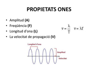 PROPIETATS ONES
• Amplitud (A)
• Freqüència (F)
• Longitud d'ona (L)
• La velocitat de propagació (V)
 