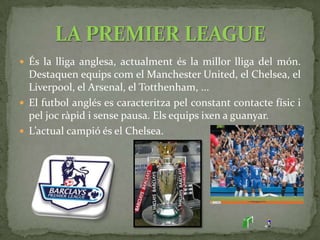És la lliga italiana. Destaquen l’ Inter de Milà (millor equip del món en 2010), l’AC Milà, la Roma, ...El joc italià es caracteritza per ser un joc lent i generalment avorrit. Es juga un futbol defensiu i físic. S’especula molt amb el resultat.El campió actual és l’Inter de Milà.LA LEGA CALCIO