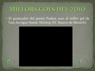FRASES CÈLEBRES DEL FUTBOL“Els davanters guanyen partits, les defenses campionats”.“Si un jugador es desmarca bé, que no el marque ningú”.“Un bon jugador guanya un partit, un bon equip en guanya cinc”.“Guanyar volem tots, però només els mediocres no aspiren a la bellesa. És com pretendre elegir entre un imbècil bo o un intel·ligent roí”.  Jorge Valdano“El futbol és un esport d’ 11 contra 11 en el que sempre guanyen els alemans”. Lineker“Marcar gols és com fer l’amor, tot el món sap com es fa, però ningú el fa com jo”.  Di Stefano
