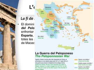 L’esplendor d’Atenes
• El domini atenés es va allargar fins les Guerres
del Peloponès, en les quals Atenes es va
enfrontar a altres ciutats gregues (Corint,
Esparta, etc.). Mig segle més tard, gairebé
totes les polis van caure sota el domini d’un rei
de Macedònia anomenat Filip.
La fi de l’hegemonia atenesa
 