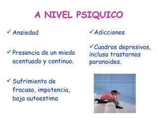 Ansiedad Presencia de un miedo acentuado y continuo. Sufrimiento de fracaso, impotencia, baja autoestima Adicciones Cuadros depresivos, incluso trastornos paranoides. 
